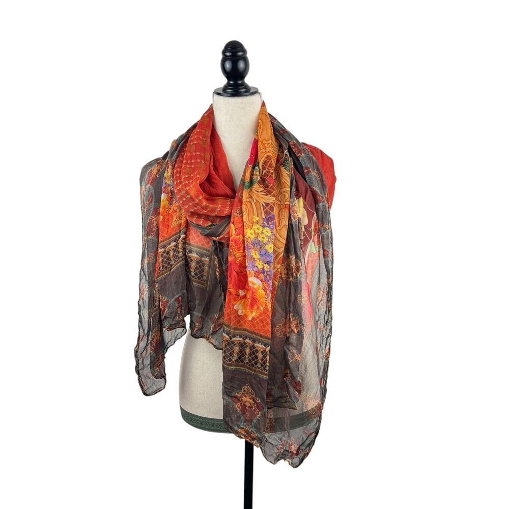 Red Floral Embroidered Chiffon Long Scarf Dupatta